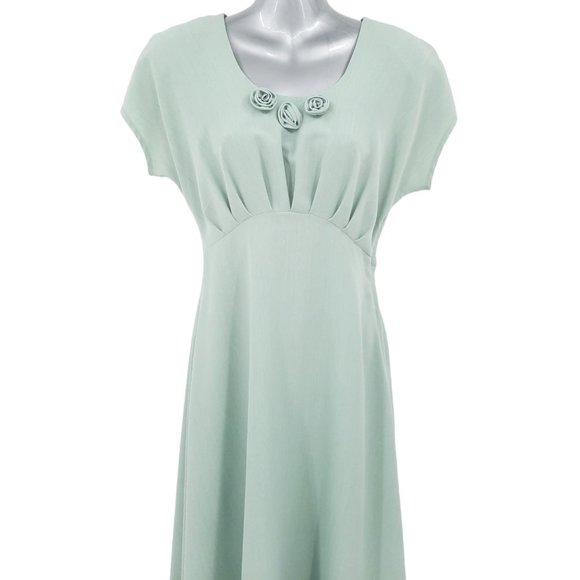 VTG 90s CDC Sage Green Short Sleeve Empire Waist Midi Dress Size 4 Pleated Roses - Picture 2 of 8